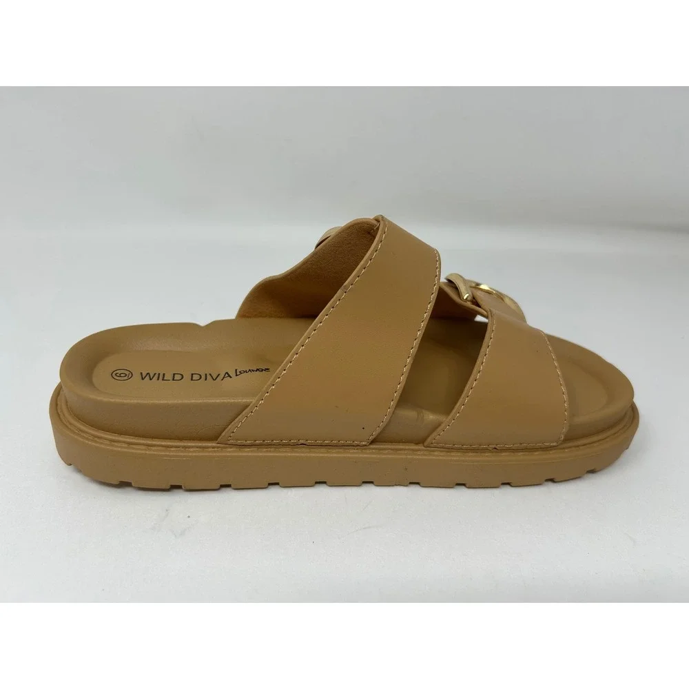 Wild Diva Lounge Tan Platform Slide Sandals Gold Buckle Double Strap Womens 6